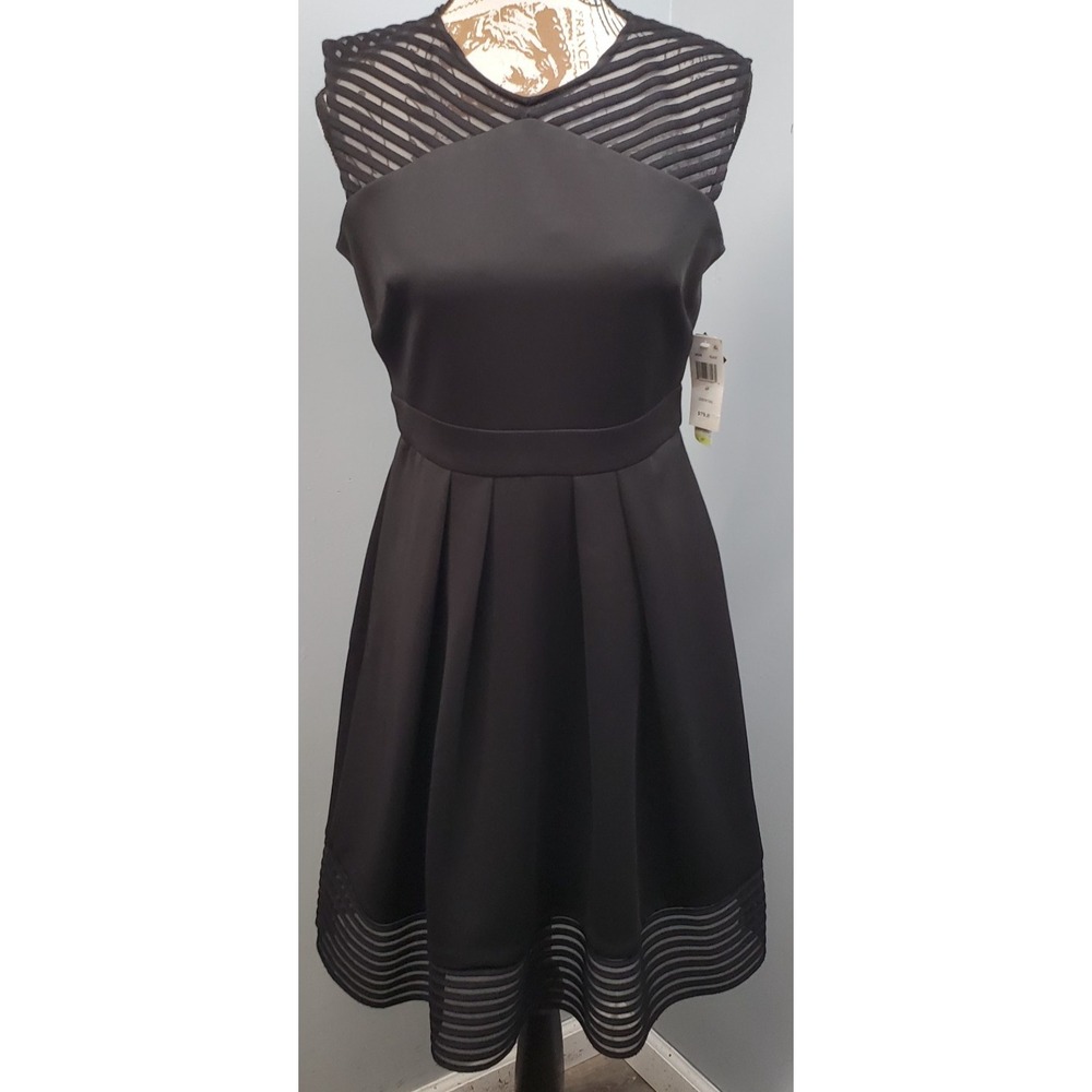 Sandra Darren Fit & Flare Dress Womens 4P Black Striped Mesh Cocktail Party